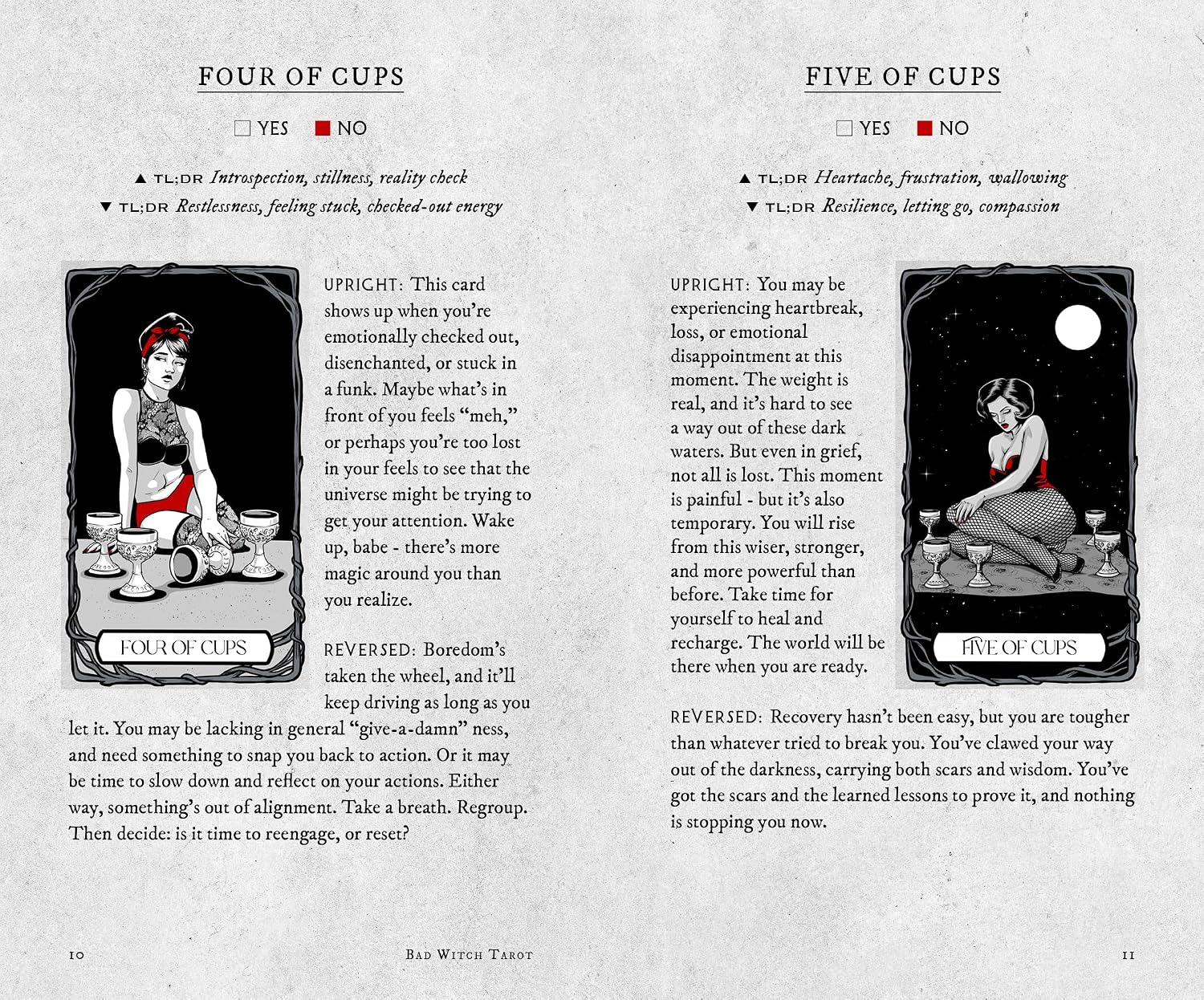 A printed card deck or guide page titled 'FOUR OF CUPS' and 'VIVE OF CUPS' with checkboxes, brief descriptions, and two illustrated tarot-style cards on a white background.