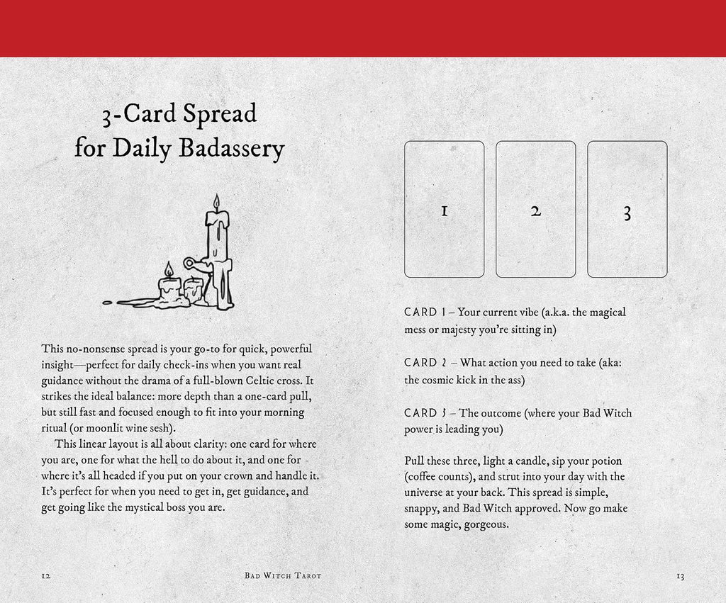 A printed spread sheet titled '3-Card Spread for Daily Badassery' with a red header, black text, and three numbered card layouts on a light gray textured background.