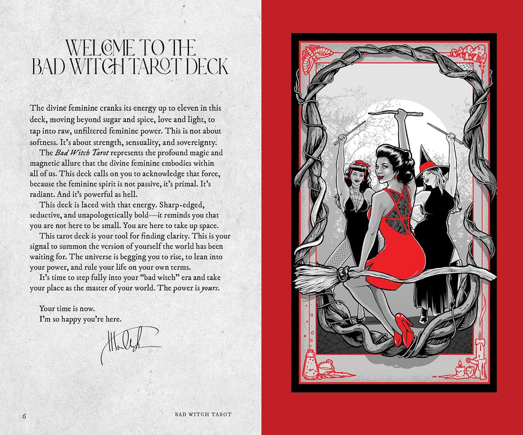 An open book spread showing the front and back of a tarot card deck booklet. The left page has black text on white paper reading 'Welcome to the Bad Witch Tarot Deck,' and the right page features a red border with a tarot illustration framed by a stylized black-and-white border.