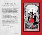 An open book spread showing the front and back of a tarot card deck booklet. The left page has black text on white paper reading 'Welcome to the Bad Witch Tarot Deck,' and the right page features a red border with a tarot illustration framed by a stylized black-and-white border.
