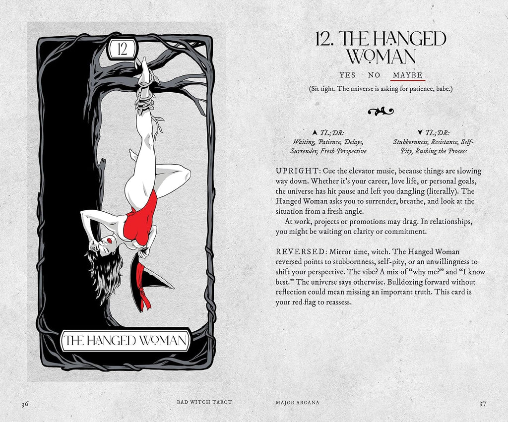 A tarot card spread sheet featuring '12. The Hanged Woman' from the Sad Witch Tarot.