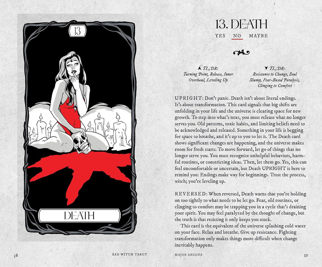 A printed tarot card page titled '13. DEATH' with illustrated artwork of a dark figure in a black robe against a gray background, plus text including 'YES NO MAYBE' and card meanings.