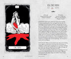 A printed tarot card page titled '13. DEATH' with illustrated artwork of a dark figure in a black robe against a gray background, plus text including 'YES NO MAYBE' and card meanings.