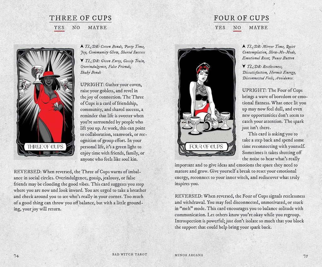 A two-page spread from a tarot card deck booklet, showing the back sides for 'Three of Cups' and 'Four of Cups'. Each page features a black-and-white line art illustration of a hand holding a red cup, accompanied by card titles, suit names, and explanatory text on a white background.
