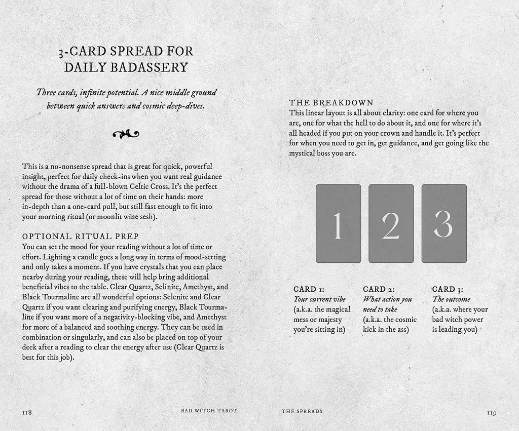 A printed page titled '3-CARD SPREAD FOR DAILY BADASSY' with explanatory text on the left and three numbered card layouts on the right, shown against a light gray background.