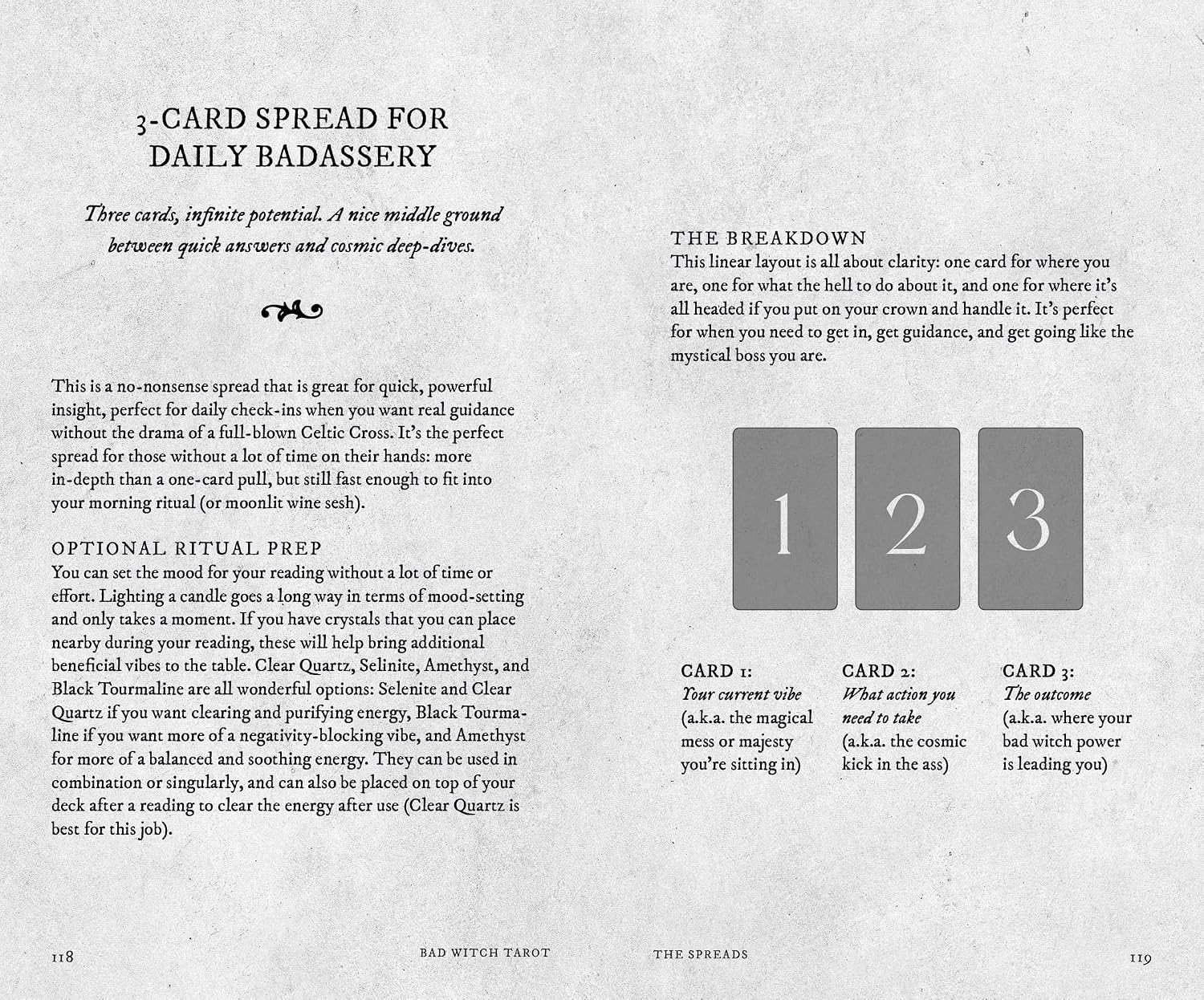 A printed page titled '3-CARD SPREAD FOR DAILY BADASSY' with explanatory text on the left and three numbered card layouts on the right, shown against a light gray background.