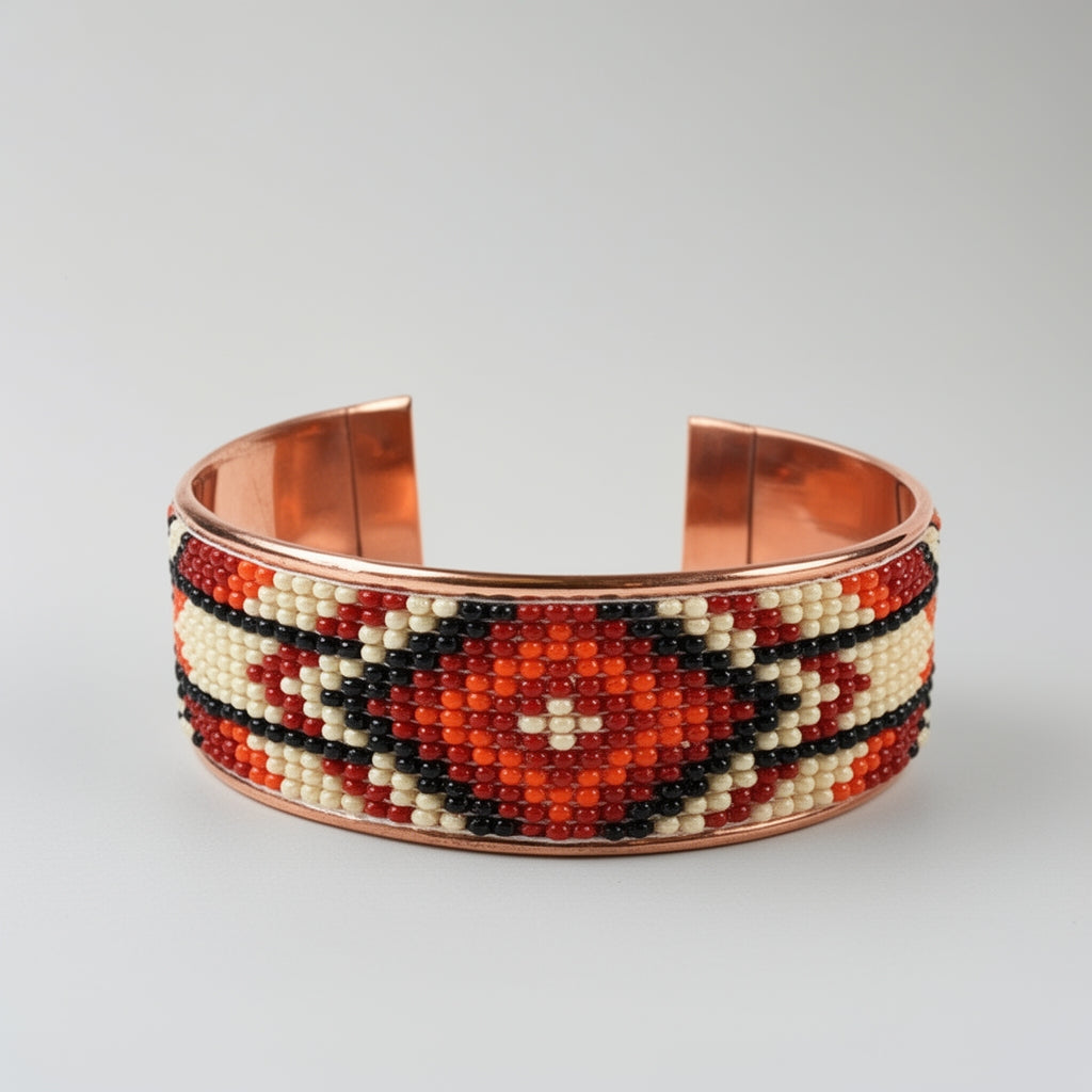 Beaded bracelet with copper band on a light gray background