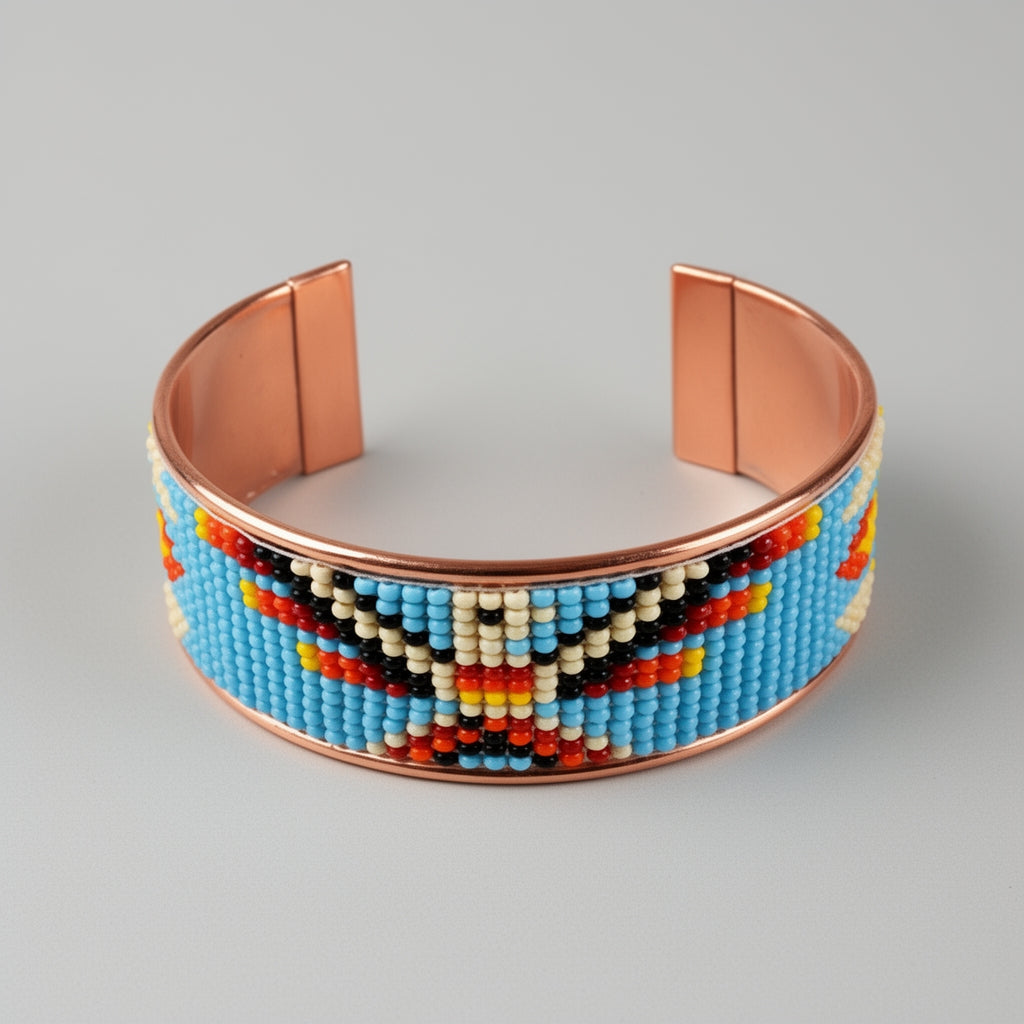 Beaded bracelet with colorful pattern on a gray background