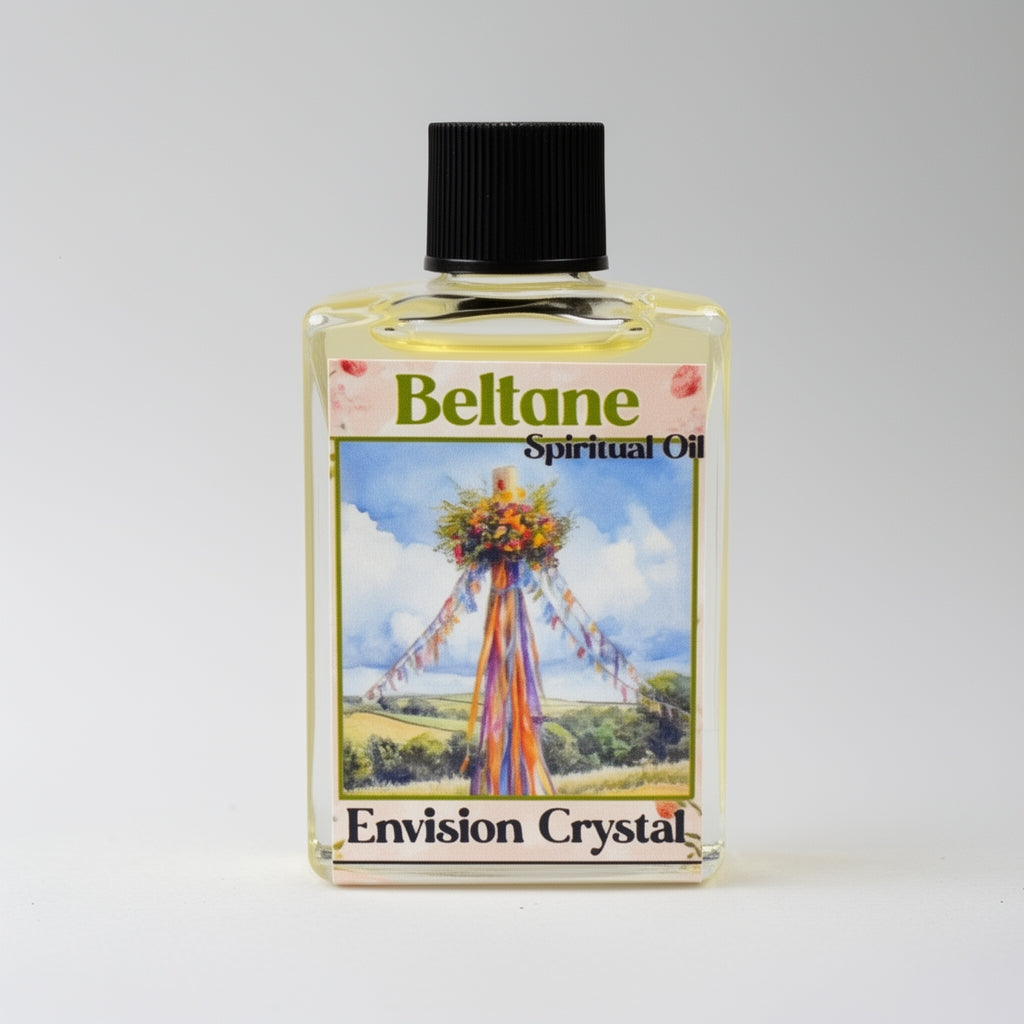 Bottle of Beltane Spiritual Oil with a colorful label on a white background