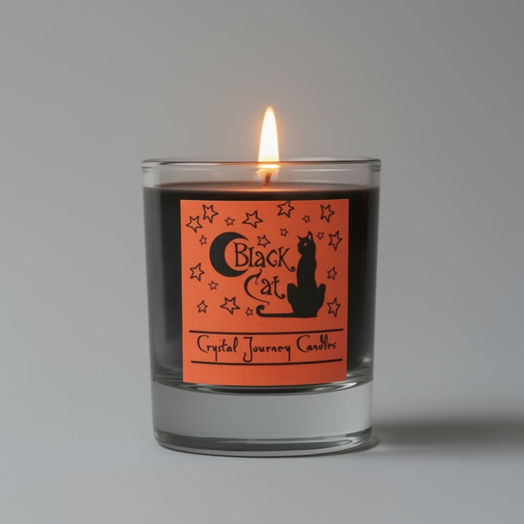 Candle with a 'Black Cat' label on a gray background