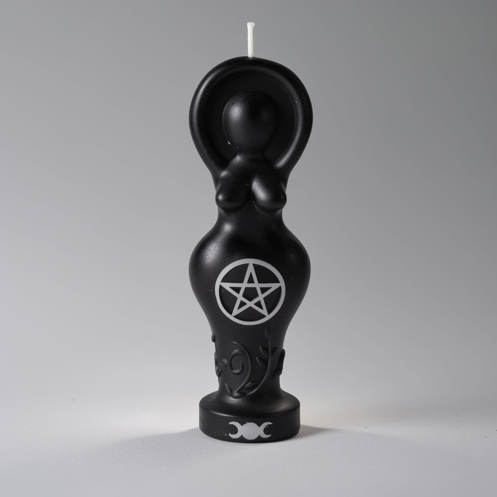Black candle shaped like a female figure with a pentagram symbol on a gray background