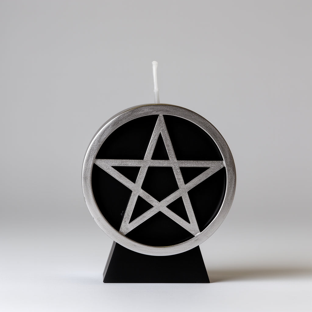 Candle with a pentagram design on a black base against a white background