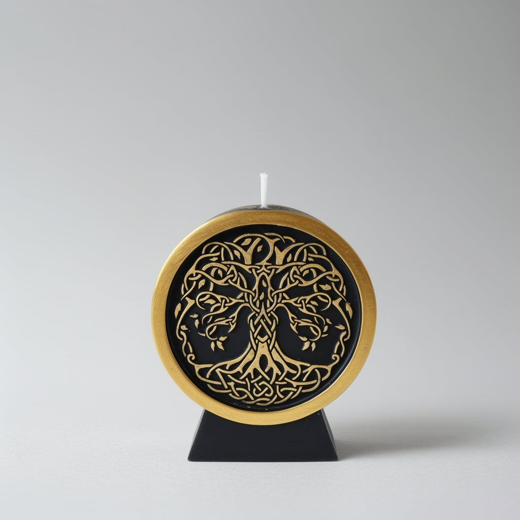 Decorative candle with intricate design on a gray background