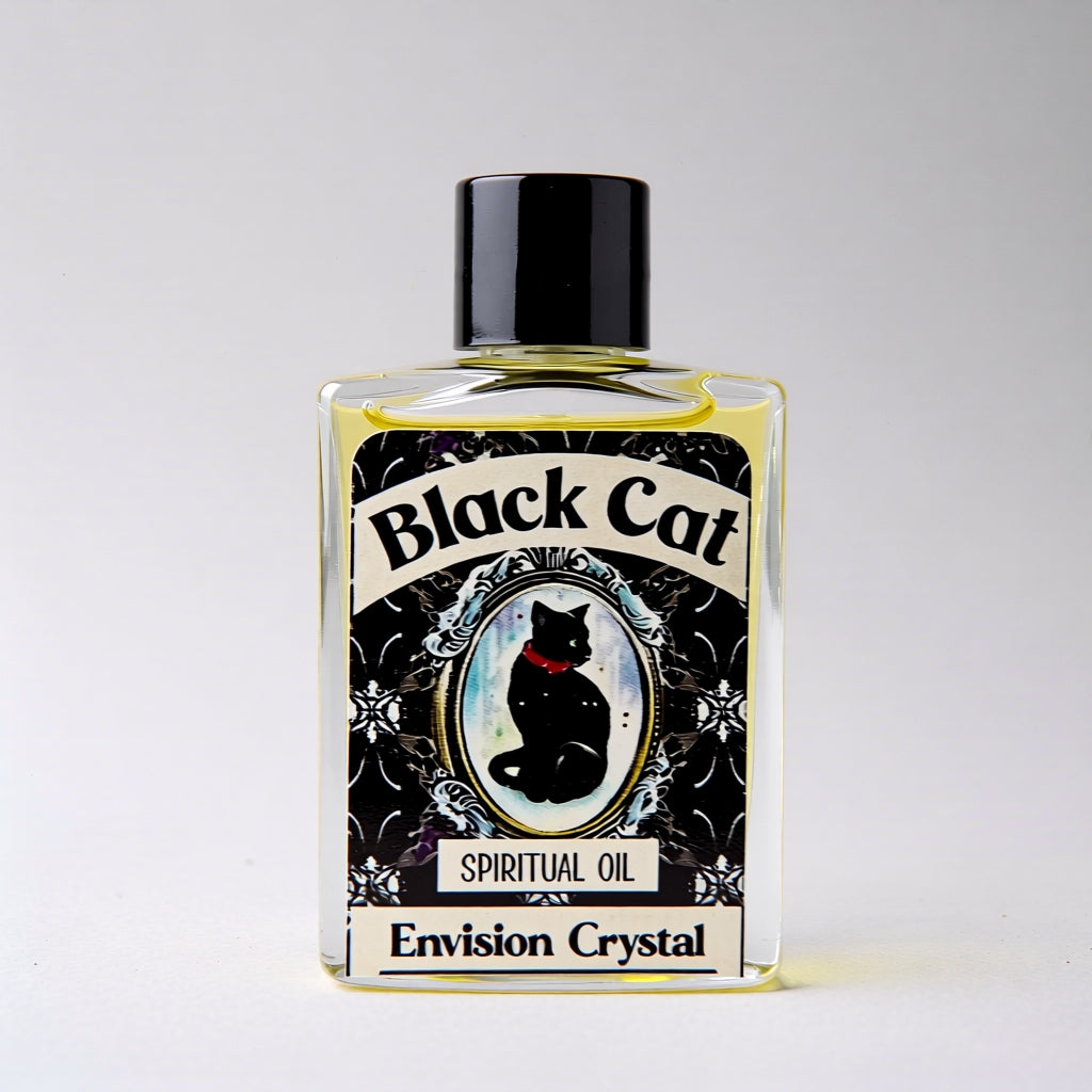 Bottle of Black Cat Spiritual Oil with a black cat illustration on a white background