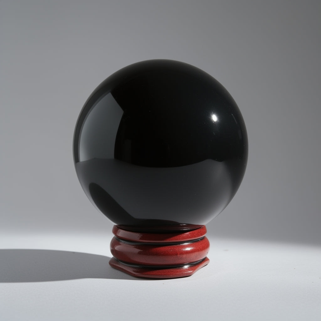 Black sphere on a red stand against a gray background