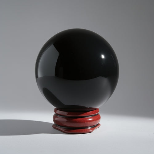 Black sphere on a red stand against a gray background