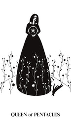Black silhouette of a woman in a long dress with a star emblem, surrounded by plants, on a white background.