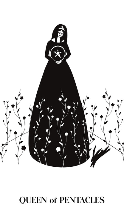 Black silhouette of a woman in a long dress with a star emblem, surrounded by plants, on a white background.