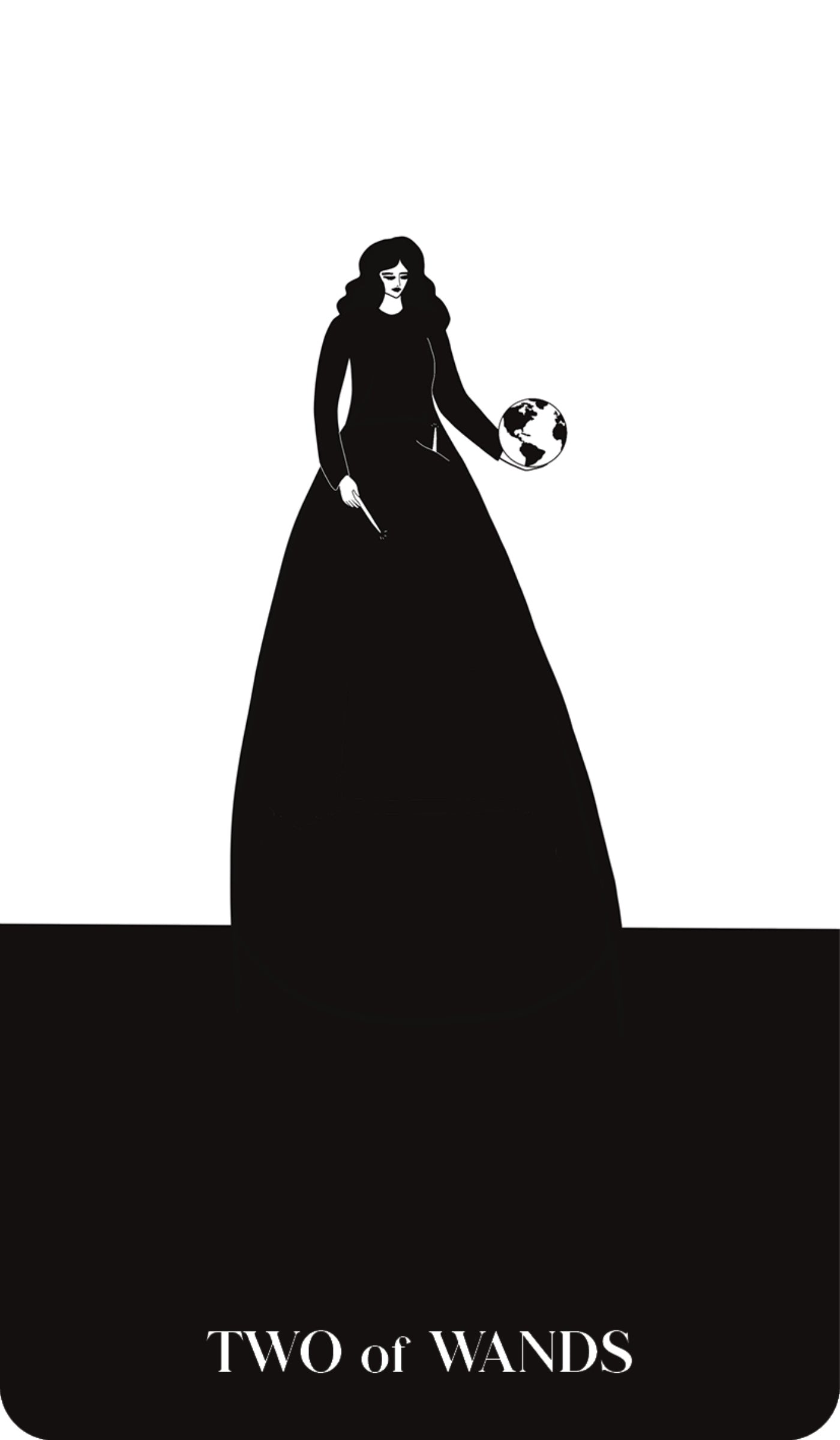 Black silhouette of a woman in a long dress holding a globe with 'TWO of WANDS' text on a white background.
