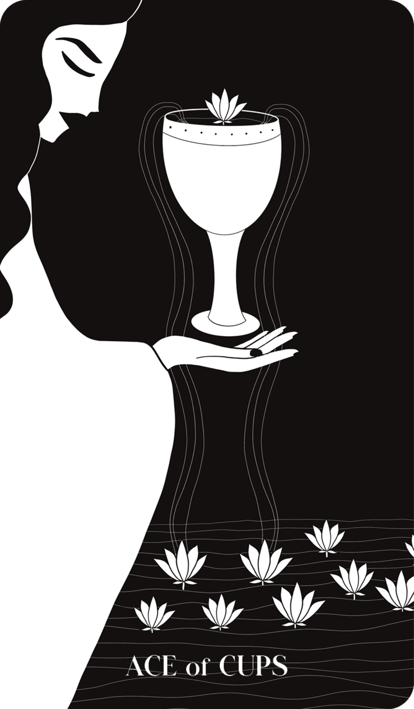 Illustration of a silhouette holding a chalice with lotus flowers, labeled 'Ace of Cups'.