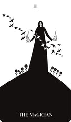 Black and white illustration of 'The Magician' tarot card with a figure, birds, and flowers.
