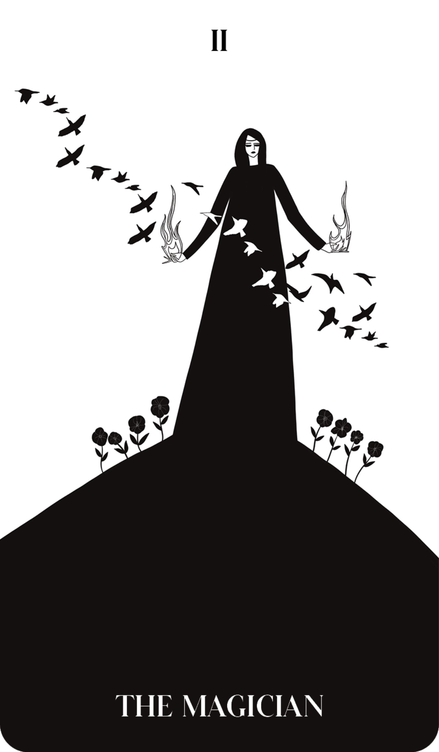 Black and white illustration of 'The Magician' tarot card with a figure, birds, and flowers.