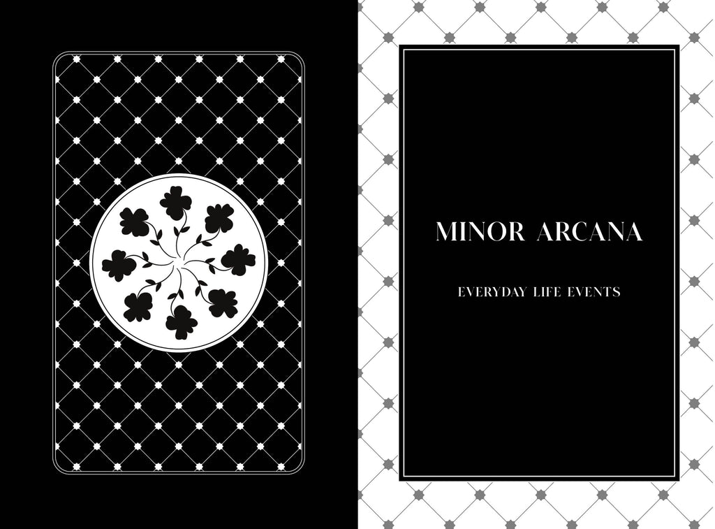 Card from a tarot deck with floral design and text 'Minor Arcana Everyday Life Events' on a checkered background.