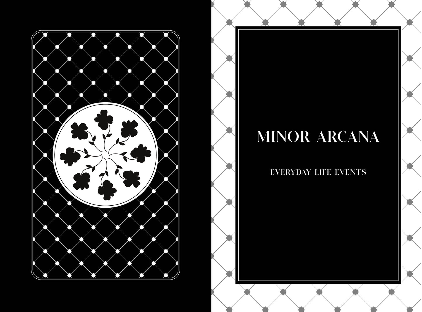 Card from a tarot deck with floral design and text 'Minor Arcana Everyday Life Events' on a checkered background.