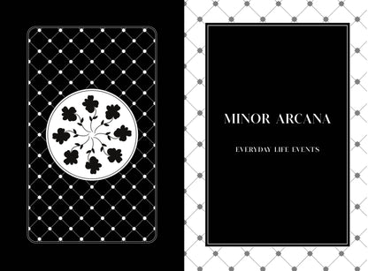 Card from a tarot deck with floral design and text 'Minor Arcana Everyday Life Events' on a checkered background.