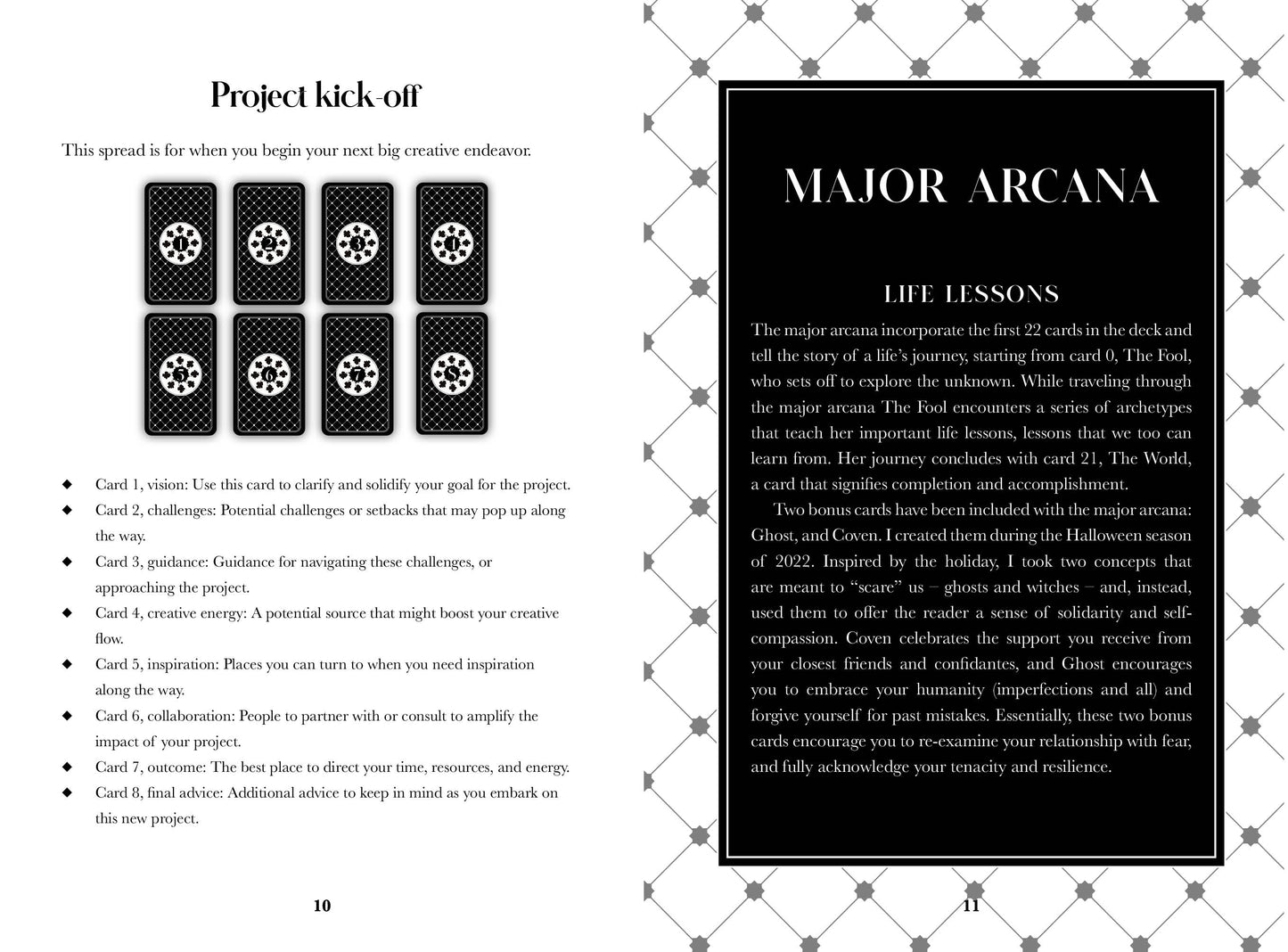 Page from a book or guide with tarot card symbols and text on a decorative background.