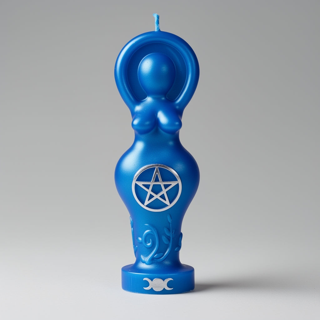 Blue candle with pentagram design on a gray background