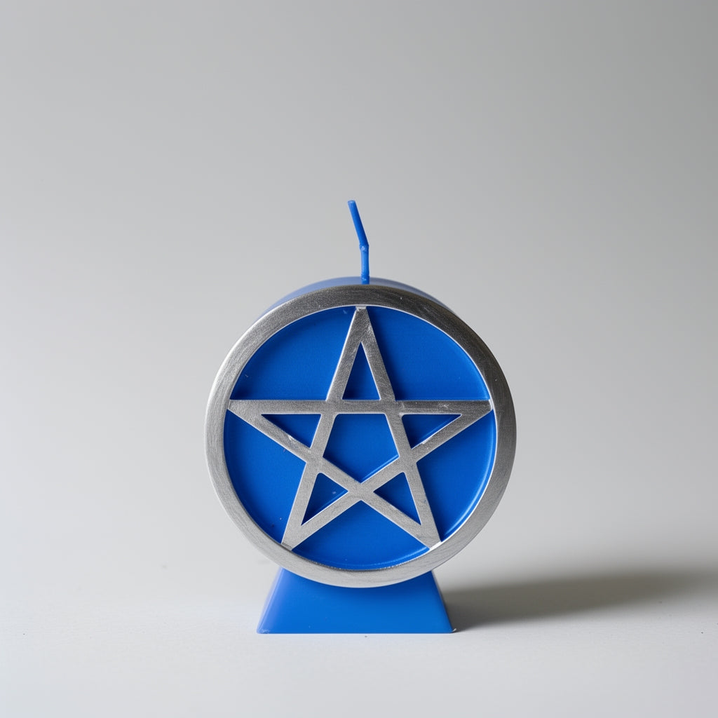 Blue candle with a silver pentagram design on a gray background