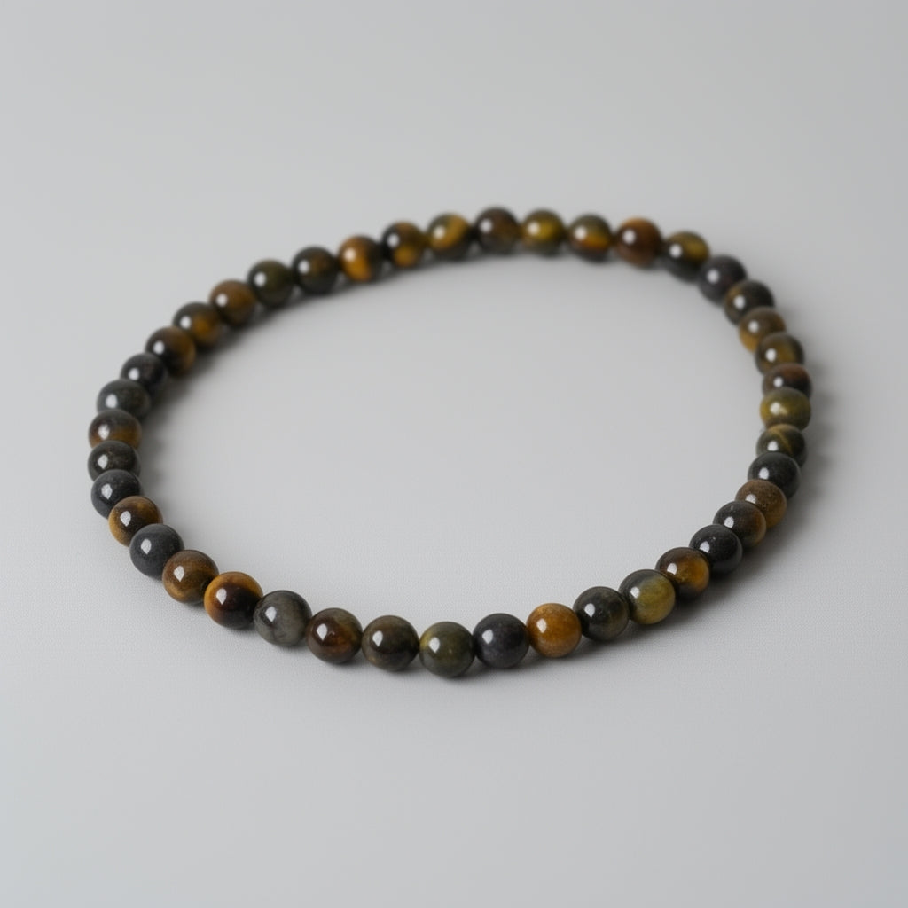 Beaded bracelet with brown and black stones on a light gray background