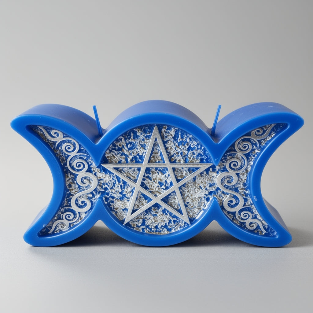 Blue candle with a pentagram design on a gray background