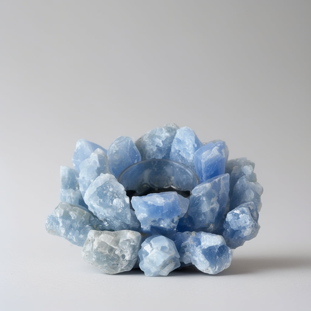 Blue crystal rock candle holder on a white background.