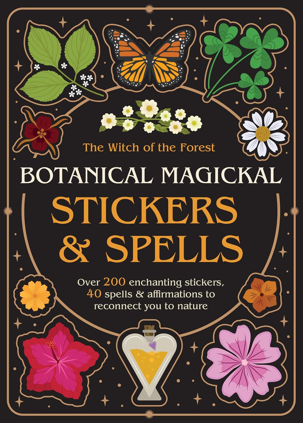 Botanical Magickal Stickers & Spells book cover with nature-themed illustrations and text.