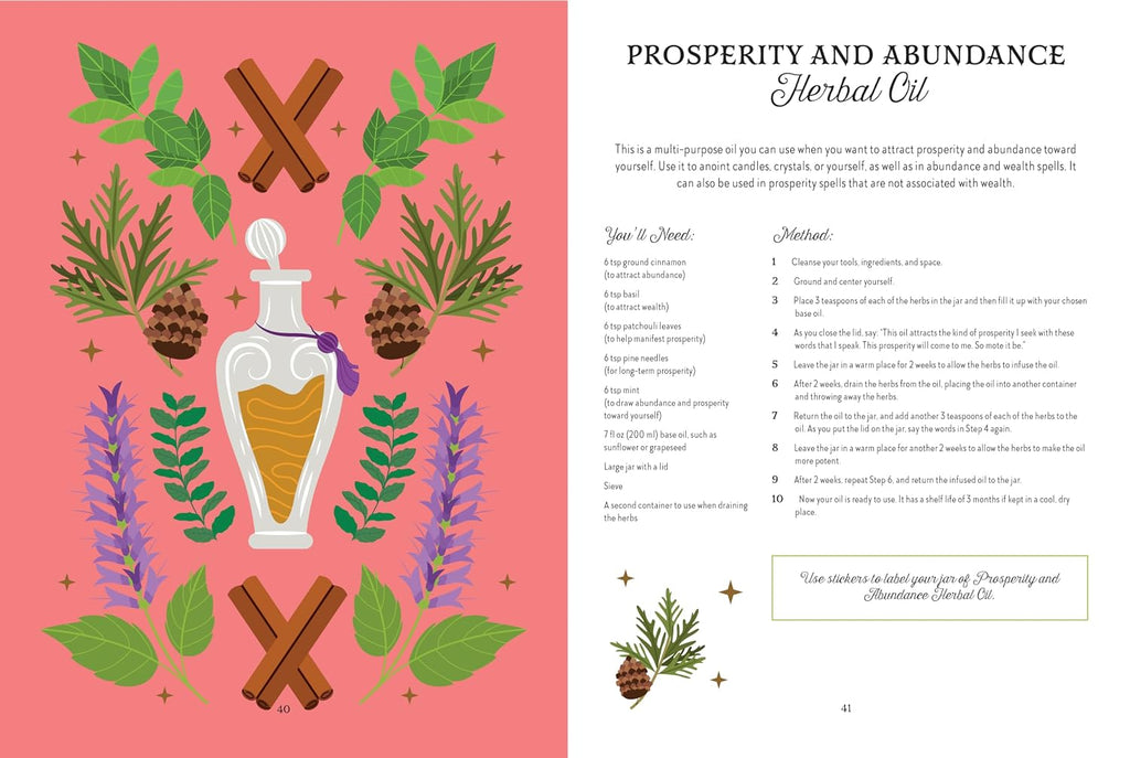 A two-page spread from a recipe or guidebook about 'Prosperity and Abundance Herbal Oil.' The left page features a pink background with illustrated herbs, cinnamon sticks, a glass oil bottle, and purple flowers arranged around the title.