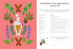 A two-page spread from a recipe or guidebook about 'Prosperity and Abundance Herbal Oil.' The left page features a pink background with illustrated herbs, cinnamon sticks, a glass oil bottle, and purple flowers arranged around the title.