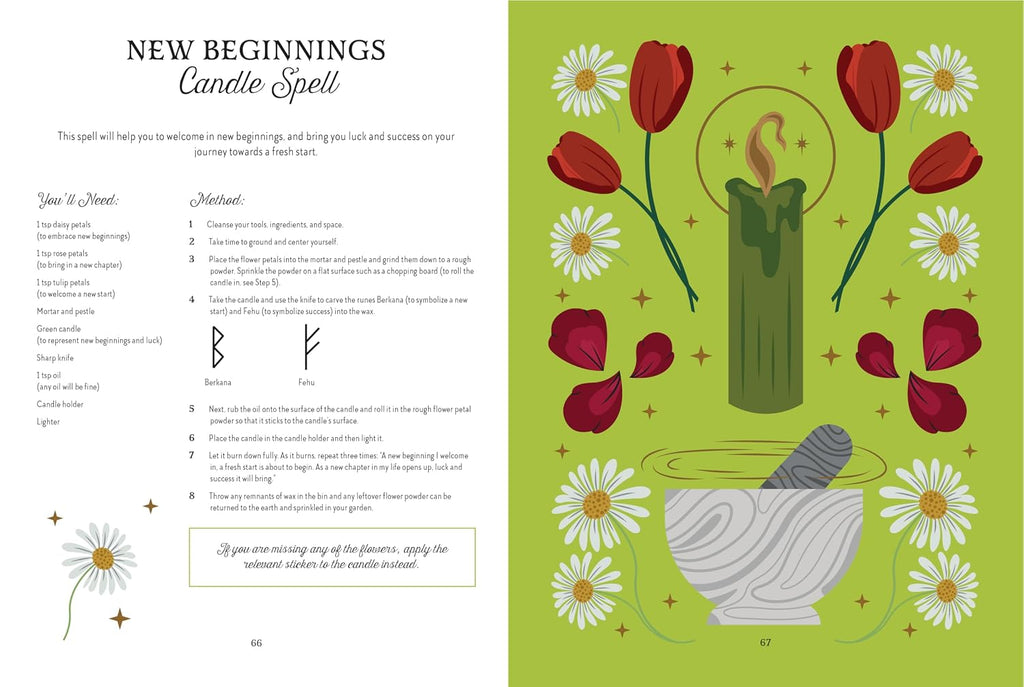 A two-page spread from a 'New Beginnings Candle Spell' booklet or card set, featuring instructional text on the left and a decorative illustration of a green candle surrounded by red tulips, white daisies, and a white bowl on a light green background on the right.