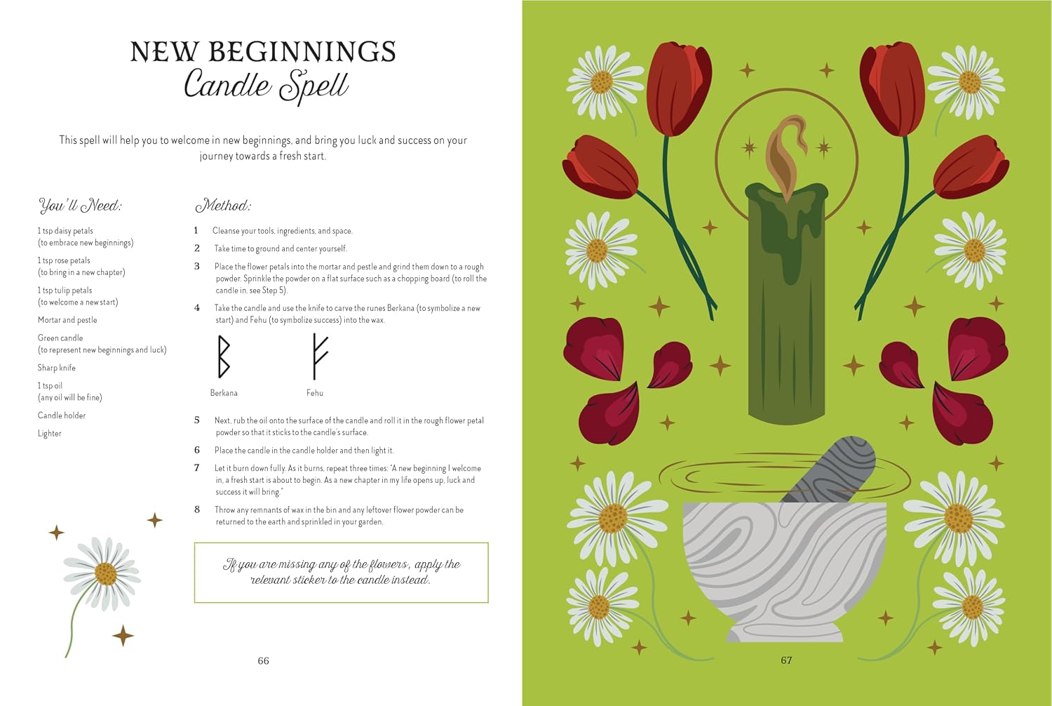 A two-page spread from a 'New Beginnings Candle Spell' booklet or card set, featuring instructional text on the left and a decorative illustration of a green candle surrounded by red tulips, white daisies, and a white bowl on a light green background on the right.