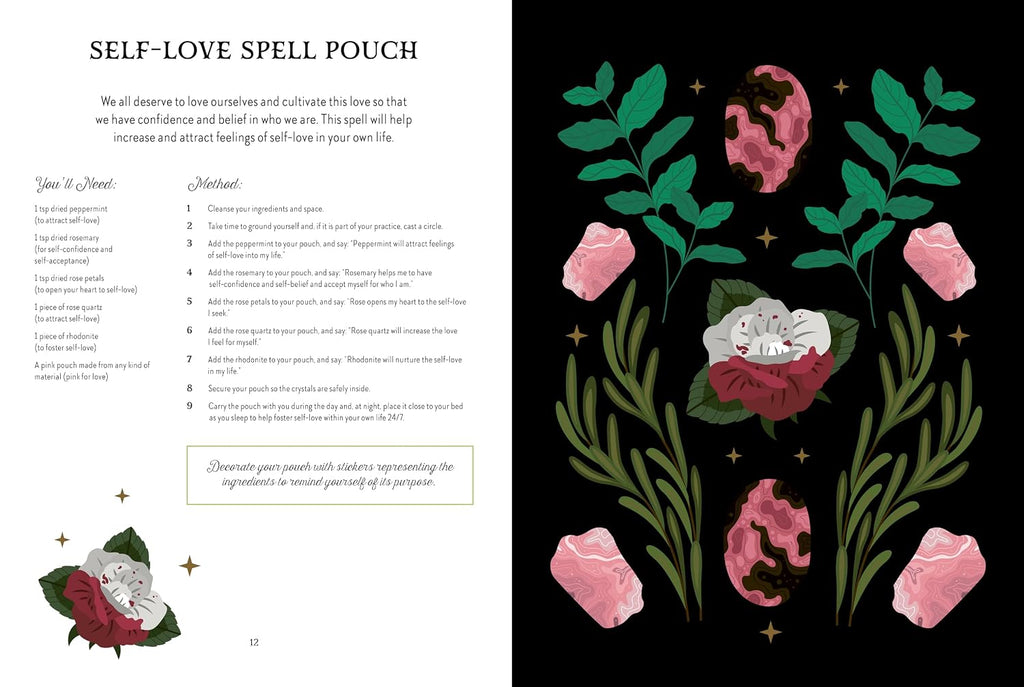 An open book or booklet spread showing a printed self-love spell pouch design. The left page has text instructions under the title 'SELF-LOVE SPELL POUCH' with decorative pink flowers and green leaves.