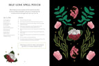 An open book or booklet spread showing a printed self-love spell pouch design. The left page has text instructions under the title 'SELF-LOVE SPELL POUCH' with decorative pink flowers and green leaves.