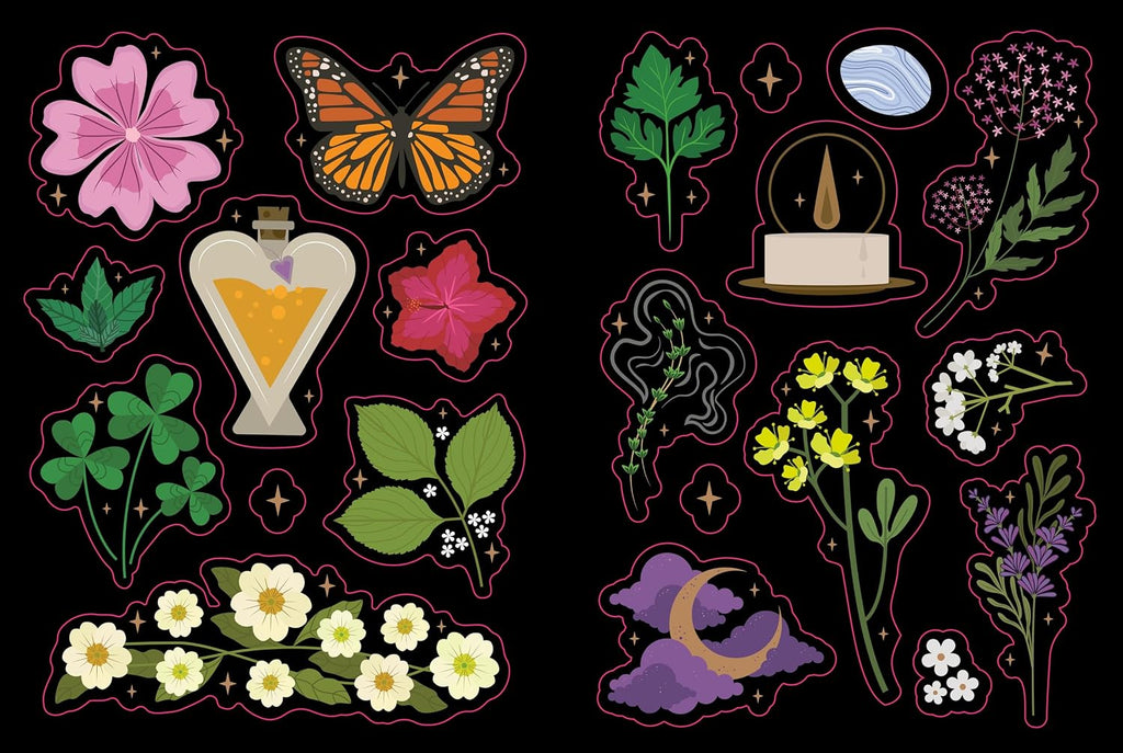 A collection of witchy and botanical illustrations on a black background, featuring a pink flower, orange butterfly, heart-shaped potion bottle, green leaves, white and yellow flowers, a purple moon cloud, and other mystical botanical elements.