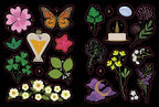 A collection of witchy and botanical illustrations on a black background, featuring a pink flower, orange butterfly, heart-shaped potion bottle, green leaves, white and yellow flowers, a purple moon cloud, and other mystical botanical elements.