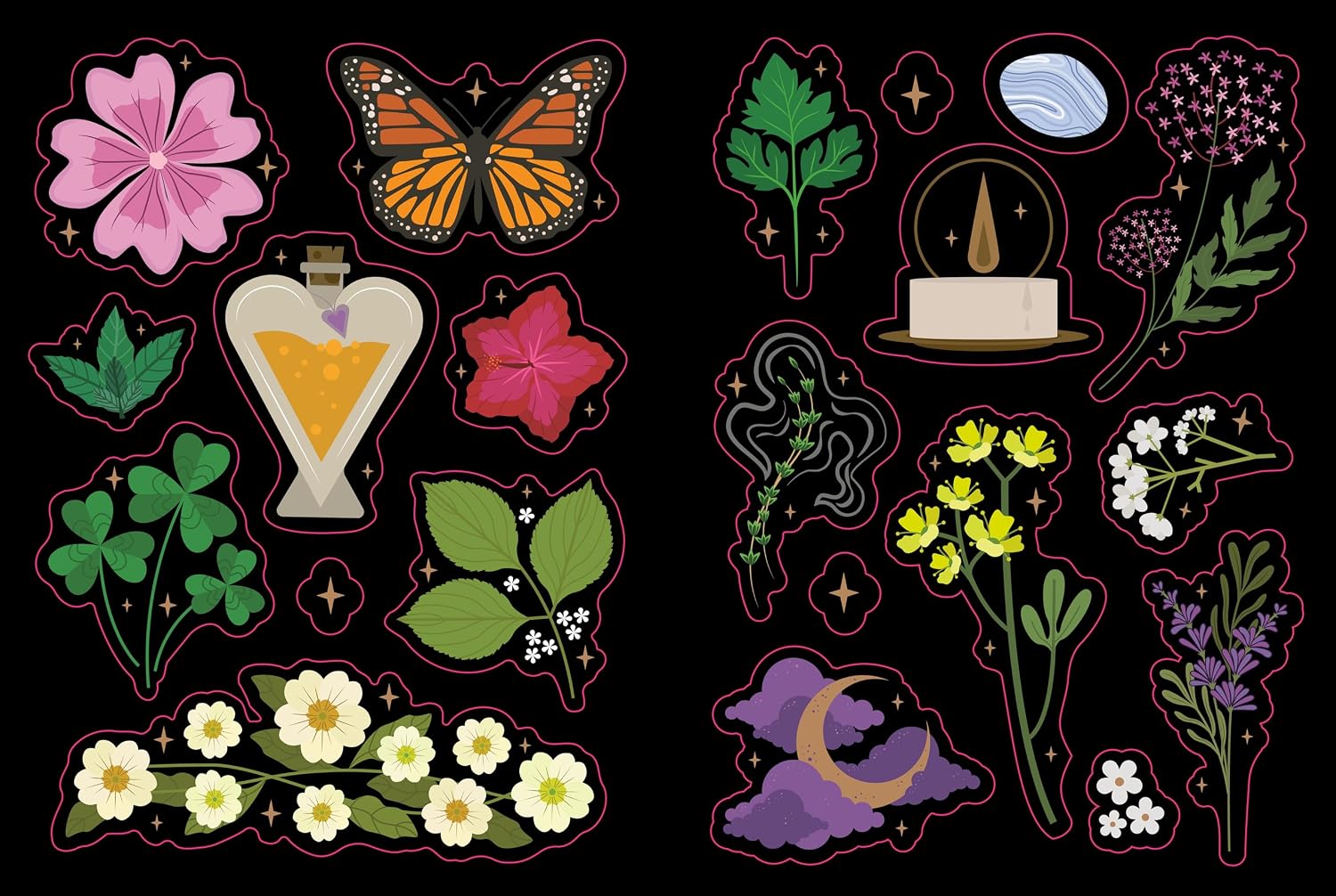 A collection of witchy and botanical illustrations on a black background, featuring a pink flower, orange butterfly, heart-shaped potion bottle, green leaves, white and yellow flowers, a purple moon cloud, and other mystical botanical elements.