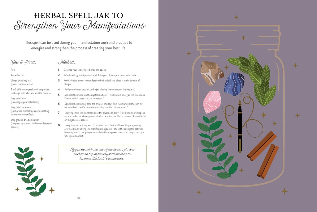 An illustrated spread showing a 'Herbal Spell Jar' guide, with the left page containing text instructions and the right page featuring a purple background with a line drawing of a glass jar filled with herbs, a pink crystal, a black wand, and cinnamon sticks.