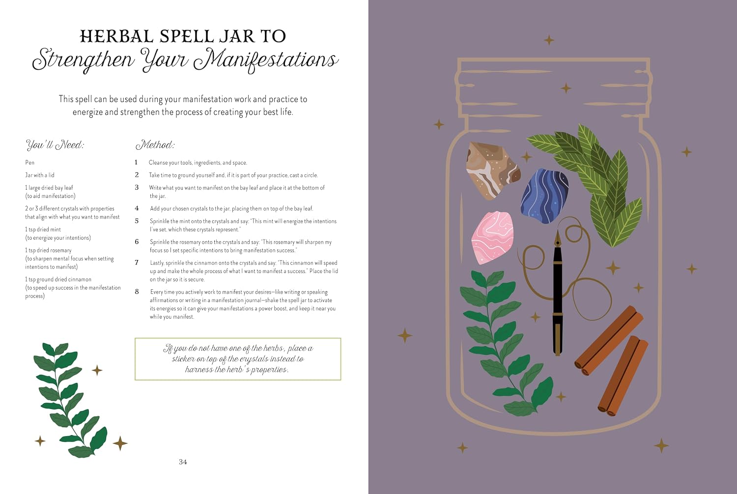 An illustrated spread showing a 'Herbal Spell Jar' guide, with the left page containing text instructions and the right page featuring a purple background with a line drawing of a glass jar filled with herbs, a pink crystal, a black wand, and cinnamon sticks.