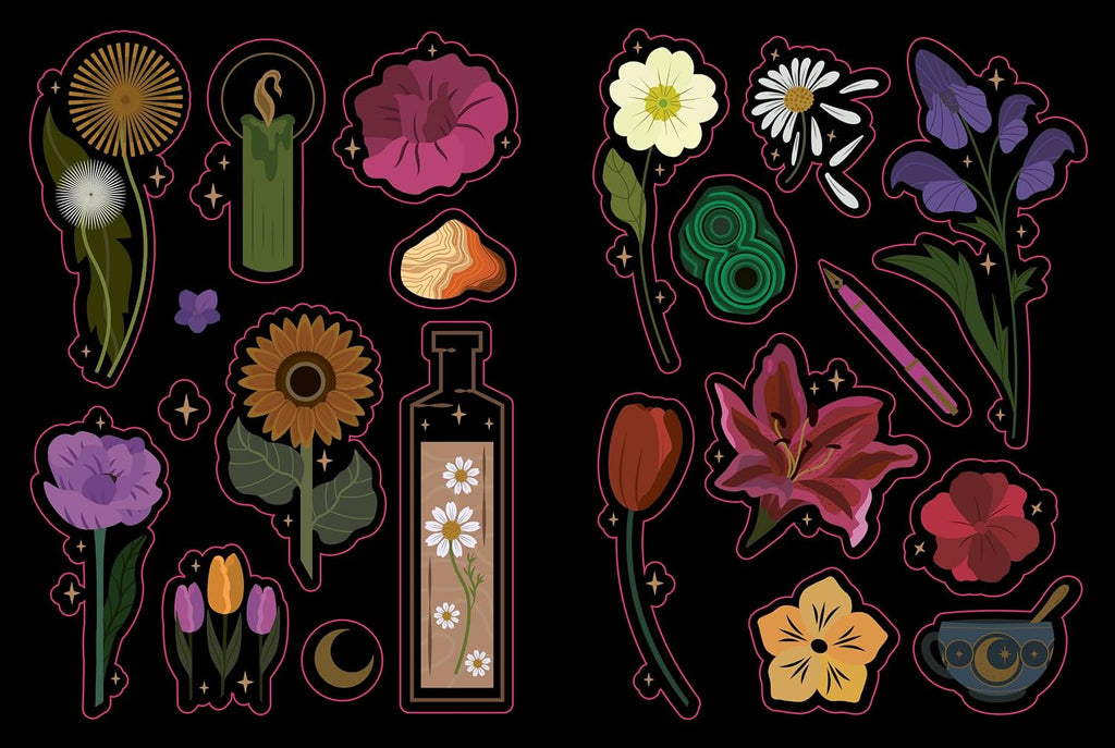 A set of illustrated botanical and mystical stickers or decals arranged on a black background, including flowers, a candle, a bottle with flowers, a dandelion, a sunflower, tulips, a crescent moon, and small decorative motifs outlined in pink.