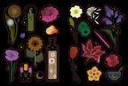 A set of illustrated botanical and mystical stickers or decals arranged on a black background, including flowers, a candle, a bottle with flowers, a dandelion, a sunflower, tulips, a crescent moon, and small decorative motifs outlined in pink.