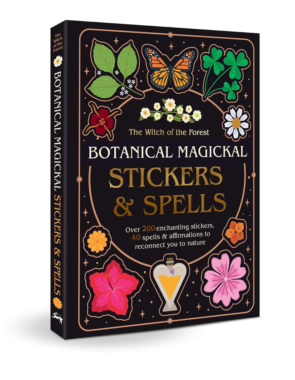 Botanical Magickal Stickers & Spells book with a black cover decorated with colorful botanical illustrations including a butterfly, clover, flowers, and a potion bottle, shown at a three-quarter angle on a white background.